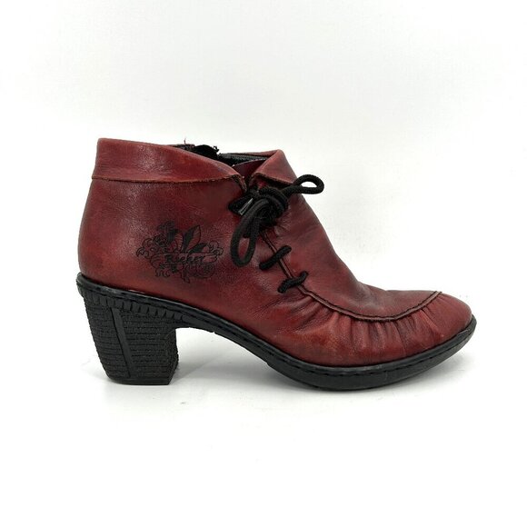 RIEKER Burgundy Red Leather Side Zip Heeled Ankle Booties Shoes Size  6 - 6.5 - Picture 1 of 8